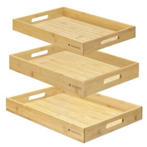 Комплект от 3 тави за сервиране от бамбук Navaris, с дръжки за лесно пренасяне - Дом и градина
