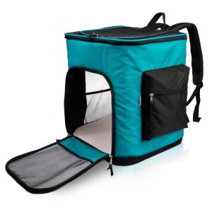 Rucsac pentru animale de companie Navaris, turcoaz, pentru pisici sau câini mici de până la 12 kg, cu ferestre din plasă și buzunar lateral - Transportator, cutie de mașină pentru animale de companie