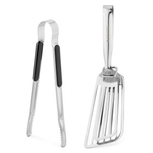 Set de grătar Navaris din 2 piese, include o spatulă cu fante și clește, din oțel inoxidabil, perfect pentru a grătar pește, carne, burgeri și cârnați - Seturi de ustensile de bucătărie