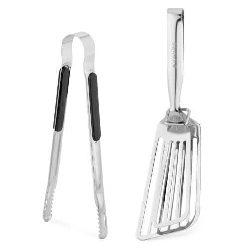 Set de grătar Navaris din 2 piese, include o spatulă cu fante și clește, din oțel inoxidabil, perfect pentru a grătar pește, carne, burgeri și cârnați