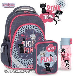 Ars Una Think Pink cicás iskolatáska szett lányoknak, tartalmaz iskolatáskát, tolltartót és kulacsot - Ars Una