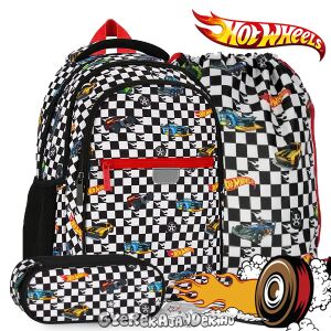 Hot Wheels iskolatáska szett fiúknak, tartalmaz hátizsákot, tolltartót és tornazsákot, fekete-fehér kockás mintával Hot Wheels autókkal - Starpak