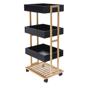 Bambus-Ablagewagen mit 3 Regalen, Schwarze MDF-Tabletts, Rollwagen, 87,5 x 40 x 30 cm - Badezimmermöbel