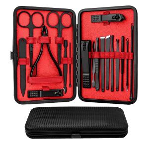 18 részes manikűr és pedikűr készlet fekete-piros tokban, rozsdamentes acél eszközökkel, ideális otthoni használatra - Manikűrkészlet