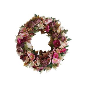 Rózsaszín virágos ajtódísz, 53cm dekoratív koszorú bejárati ajtóra - Ajtódísz