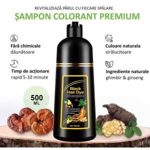 Șampon Colorant Negru 3 în 1, 500 ml, Ghimbir și Ginseng, Culoare De Durată, Nutritiv Profund, Anti-Cădere A Părului, Revitalizează Părul La Fiecare Spălare, Șampon Colorant Premium, Culoare Naturală, Ingrediente Naturale, Acțiune Rapidă, 5-10 minute - Vopsele de păr