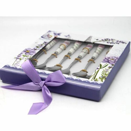 Rózsaszín virágos kiskanál szett porcelán nyéllel - 6 személyes - díszdobozos