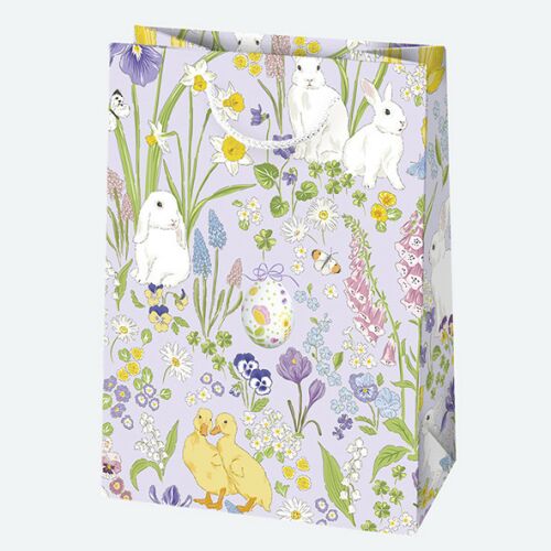 Húsvéti nyuszis papír ajándéktasak virágos és állatos mintával, 23x32x11 cm