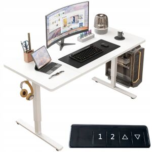 Białe elektryczne biurko stojące z monitorem, klawiaturą i akcesoriami - Meble do sypialni