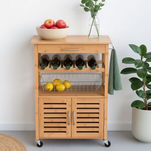 Kuchynská skrinka na kolieskach – 60x36x88 cm – Moderný dizajn, drevo a nehrdzavejúca oceľ – Excellent Houseware 136288254 - Servírovacie vozíky