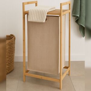 Bambusz szennyestartó kosár textil huzattal – 33x33x73 cm – Fürdőszobai megoldások