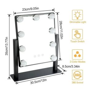 Lusterko kosmetyczne, 9 LED, ciepłe/zimne światło 3000-6000k, 35x30,5x8,5cm, czarne 136039075 - Lusterko kosmetyczne