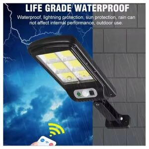 Zestaw 6 solarnych lamp ulicznych Jortan z czujnikiem ruchu i pilotem, 160 diod LED COB, 8 regulowanych paneli, wodoodporny IP67, czarny - Latarnia słoneczna