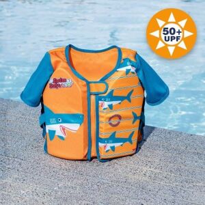Gyermek úszómellény ujjakkal 1-3 éveseknek, Bestway, Shark modell, hab, napvédelem, narancssárga-kék 136038217 - Bestway