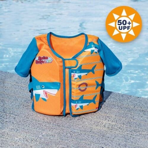 Gyermek úszómellény ujjakkal 1-3 éveseknek, Bestway, Shark modell, hab, napvédelem, narancssárga-kék
