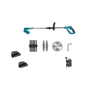 Hayami HA-1025 16-dielny bezdrôtový kosačka na trávu a kosenie okrajov s 2 batériami, zobrazujúci hlavnú jednotku, dve batérie, nabíjačku, čepele a kovový nôž - Kosačky na trávu a orezávačky