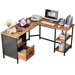 Rustikaler brauner L-förmiger Computertisch mit Regalen und Schublade, Vintage-Industrie-Stil - Schreibwaren & Schreibmaterial