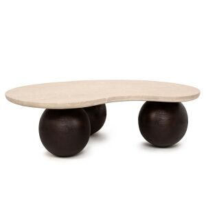 MaMaison Organic Travertin Dohányzóasztal Mangófa Lábakkal, bézs travertin lap, sötétbarna gömb alakú lábak, modern design - Nappali bútor