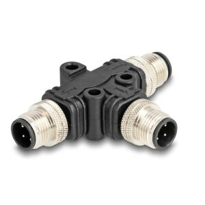 Delock M12 T-megosztó A-kódolt 4 tűs 1 x apa - 2 db. apa párhuzamos kapcsolással