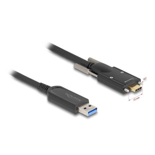 Delock Aktív optikai kábel USB 10 Gbps-A apa - USB Type-C apa csatlakozó csavarokkal az oldalain, 15 m