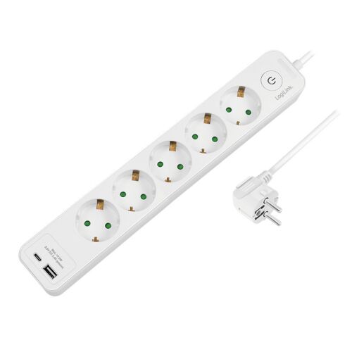 Електрически удължител Logilink с 5 гнезда, 5x CEE 7/3, 1x USB-A, 1x USB-C, кабел 1,5 м, бял