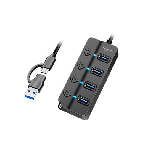 Logilink USB 3.2 Gen1 Hub, 4 port, fekete, be-/kikapcsolóval - USB elosztó