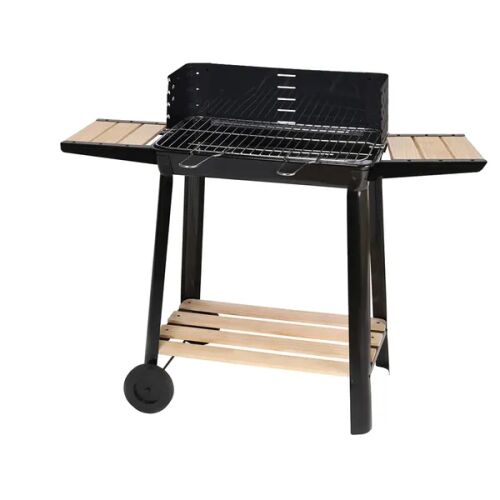Schwarzer Holzkohlegrill mit verstellbarem Grillrost und Holzregalen, mit Rädern für einfaches Bewegen