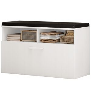 Weiße Schuhaufbewahrungsbank mit schwarzer Sitzfläche und Staufächern - Schuhregale