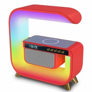 Lampă RGB wireless 5 în 1 roșie cu difuzor Bluetooth, ceas cu alarmă, generator de zgomot alb și încărcător wireless de 15 W - Încărcătoare wireless
