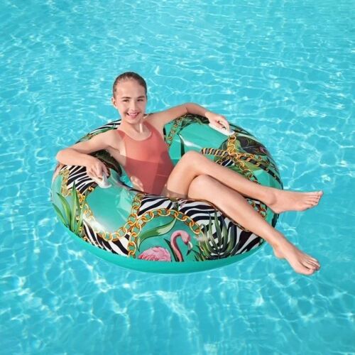 Felfújható hinta fogantyúval, Bestway, láncok, levelek és flamingó, Ø114cm, türkizkék