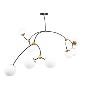 Závesná lampa BLACK MAT APP1673-8CP s 8 bielymi sklenenými guľami a čiernym a zlatým kovovým rámom - Lampy&osvetlenie
