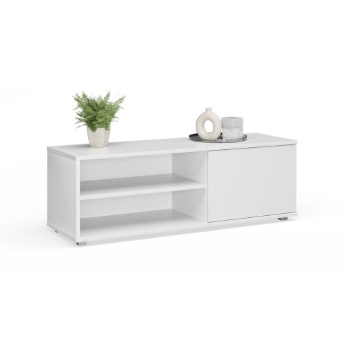 Biała szafka RTV z jednym drzwiami i dwoma półkami, otwarta po lewej stronie, VIVA 110 cm