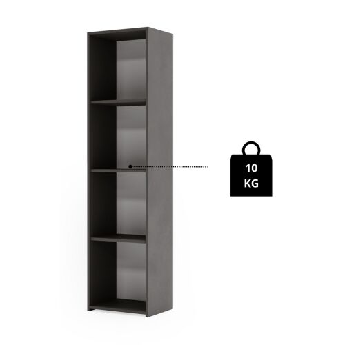 LONI 160x40 cm graues Bücherregal, 4 Regale, minimalistisches Design, offenes Regal, Wohnzimmer, Schlafzimmer, Büro