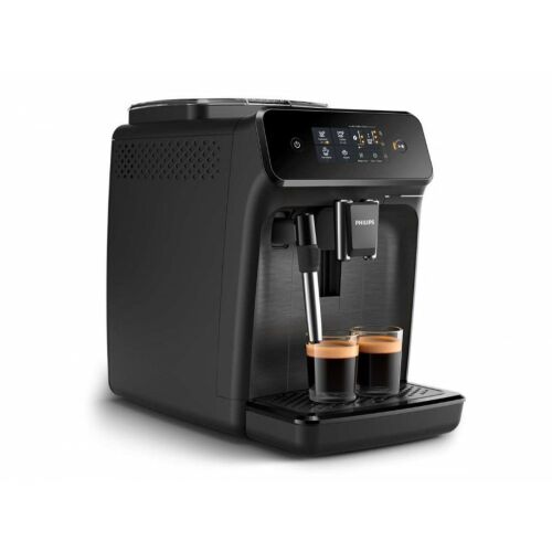 Szögletes nézet a Philips EP1220 eszpresszó kávéfőzőről kávéfőzés közben.