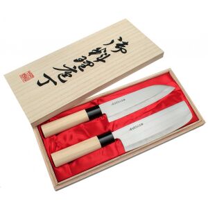 Satake Megumi Santoku és Nakiri kés készlet fa dobozban, japán acél konyhakések - Kés
