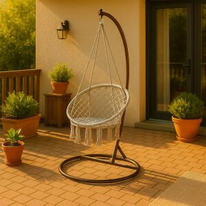 Cardenas függőfotel állvánnyal, szürke-barna, kültéri terasz bútor, pihentető hintaszék, kényelmes ülés, bohém stílus - Függőfotel