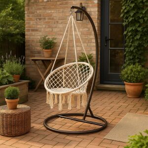 Bézs Cardenas függőfotel állvánnyal, kényelmes és stílusos kiegészítő a teraszra vagy a nappaliba - Függőfotel