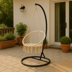 Bézs Cardenas függőfotel fekete állvánnyal, kültéri bútor, terasz hintaszék, függőágy szék, pihenőszék - Függőfotel