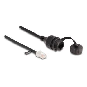 Delock RJ45 kábel apa - RJ45 anya beépített fedélsapkával Cat.5e FTP IP68 por és vízmentességért fekete, 25 cm