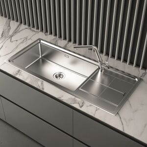 Кухненска мивка Foster KE от неръждаема стомана с отцедник, монтирана в модерна кухня - Тава за миялна машина