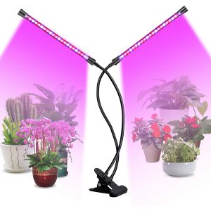 LED rastlinné svetlo s dvomi flexibilnými ramenami a klipsovou základňou osvetľujúce rôzne črepníkové rastliny. - Pomôcky na pestovanie rastlín