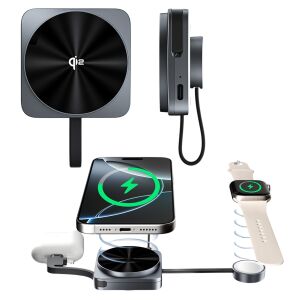 3 az 1-ben vezeték nélküli töltő, BRAGUS, 3 eszköz egyidejű töltése, hordozható telefontöltő, MagSafe technológia, akkumulátorvédelem, 15 W-os gyorstöltés, állítható, többportos vezeték nélkü