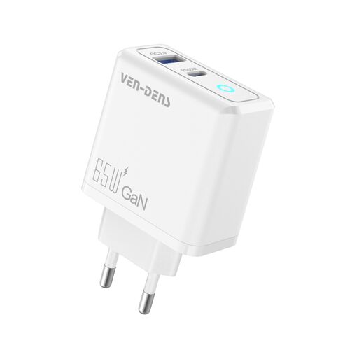 Ven-Dens Intelligent Charger, 65W, 2 port, USB Type-C, USB Type-A, QC 3.0, Bijela, adapter za punjenje