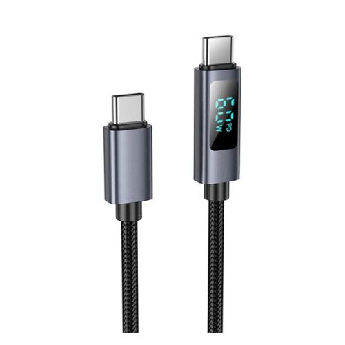 HOCO U112 Type-C - Type-C kábel teljesítménykijelzővel, fekete cipőfűző dizájn - USB kábel