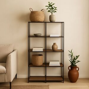 Библиотека с 5 рафта H&S Collection с черна метална рамка и дървени MDF рафтове в обстановка на всекидневна - Обзавеждане за всекидневна