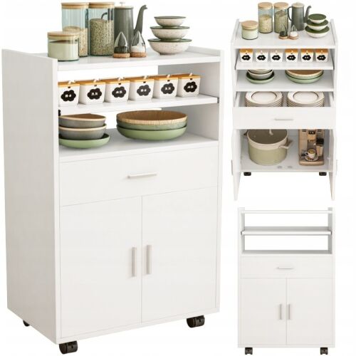 MOBIL KONYHASZEKRÉNY KOCSI weißer Küchenwagen mit Regalen, Schublade und Schrank, mehrere Ansichten