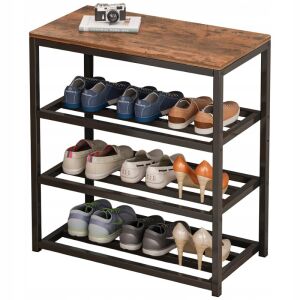 Regał na buty w stylu industrialnym z czarnego metalu z trzema półkami i drewnianym blatem - Meble do holu wejściowego