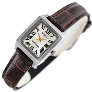 Zegarek damski Casio LTP-V007L-9B z brązowym skórzanym paskiem i srebrną kopertą - Moda i ubiór