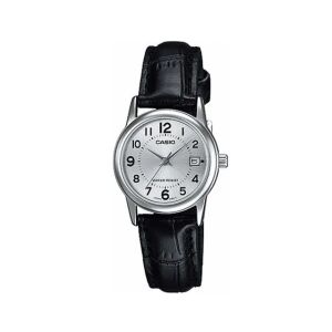 Ceas de damă Casio LTP-V002L-7BUDF cu curea de piele neagră și cadran argintiu, vedere frontală - Accesorii pentru femei