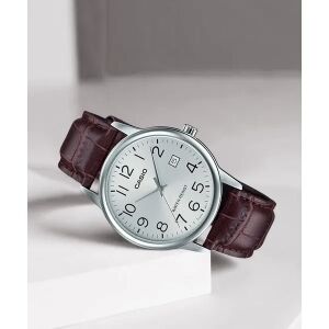 Casio MTP-V002L-7B2 Herrenuhr mit braunem Lederarmband und silbernem Zifferblatt - Casio